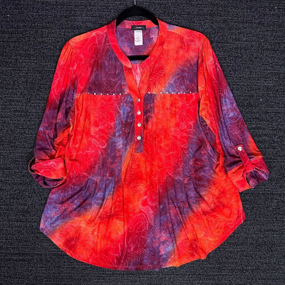 Cocomo Womens Red Orange Pleated Tiedye Top Size Large L Stretch Pullover